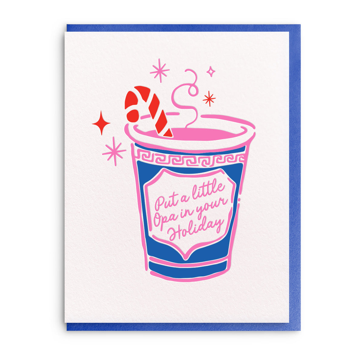 Blue and red illustration of a paper to-go coffee cup with a candy cane tucked in, on a white card with a blue envelope.