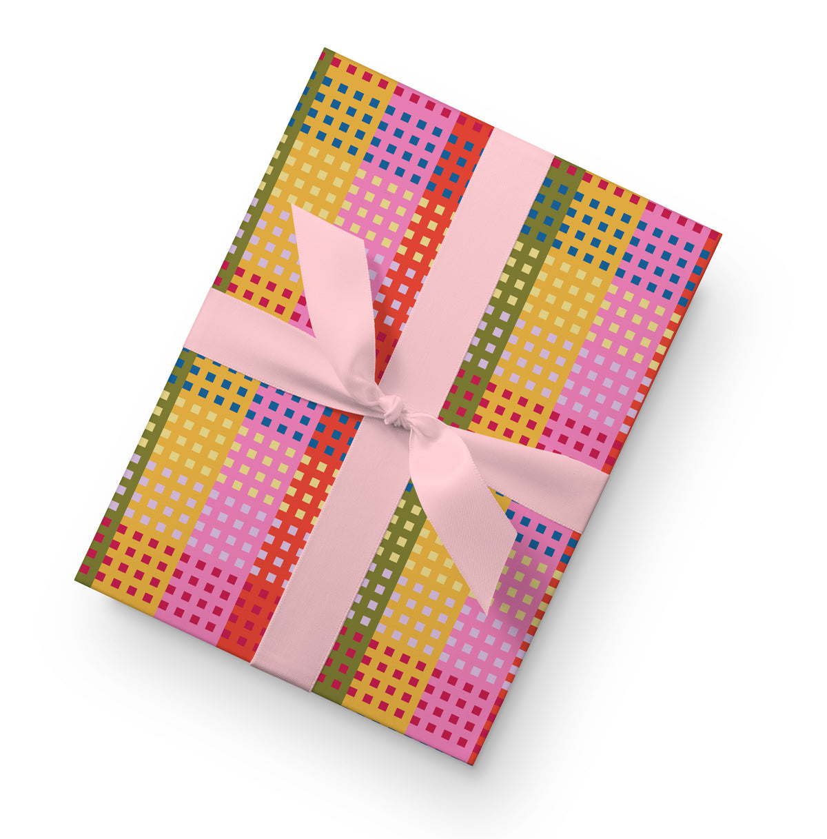 Gift wrap with a plaid pattern of overlapping squares in pink, orange, yellow, and green, shown around a box with a light pink ribbon.