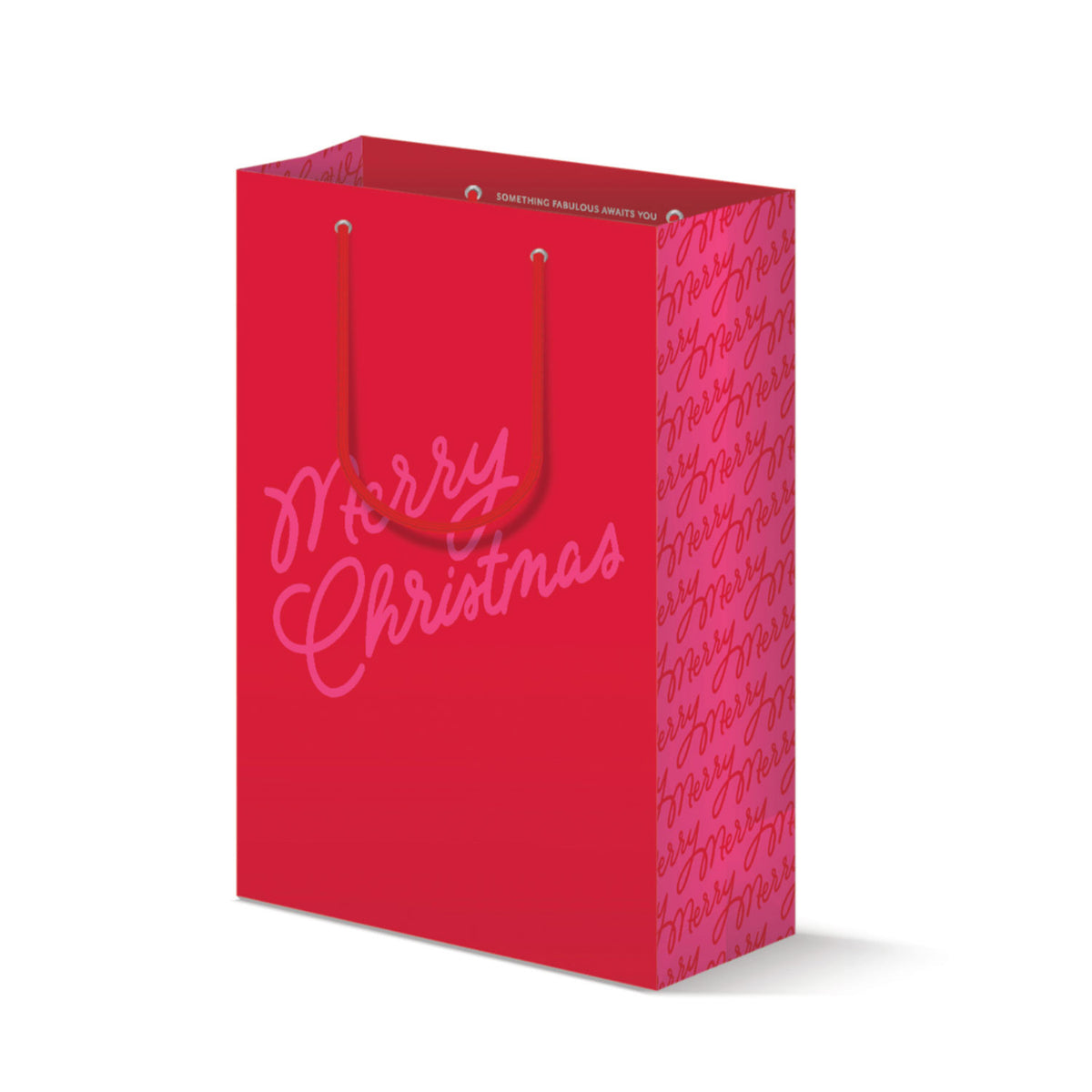 Red gift bag with Merry Christmas lettering in pink script and white rope handles.