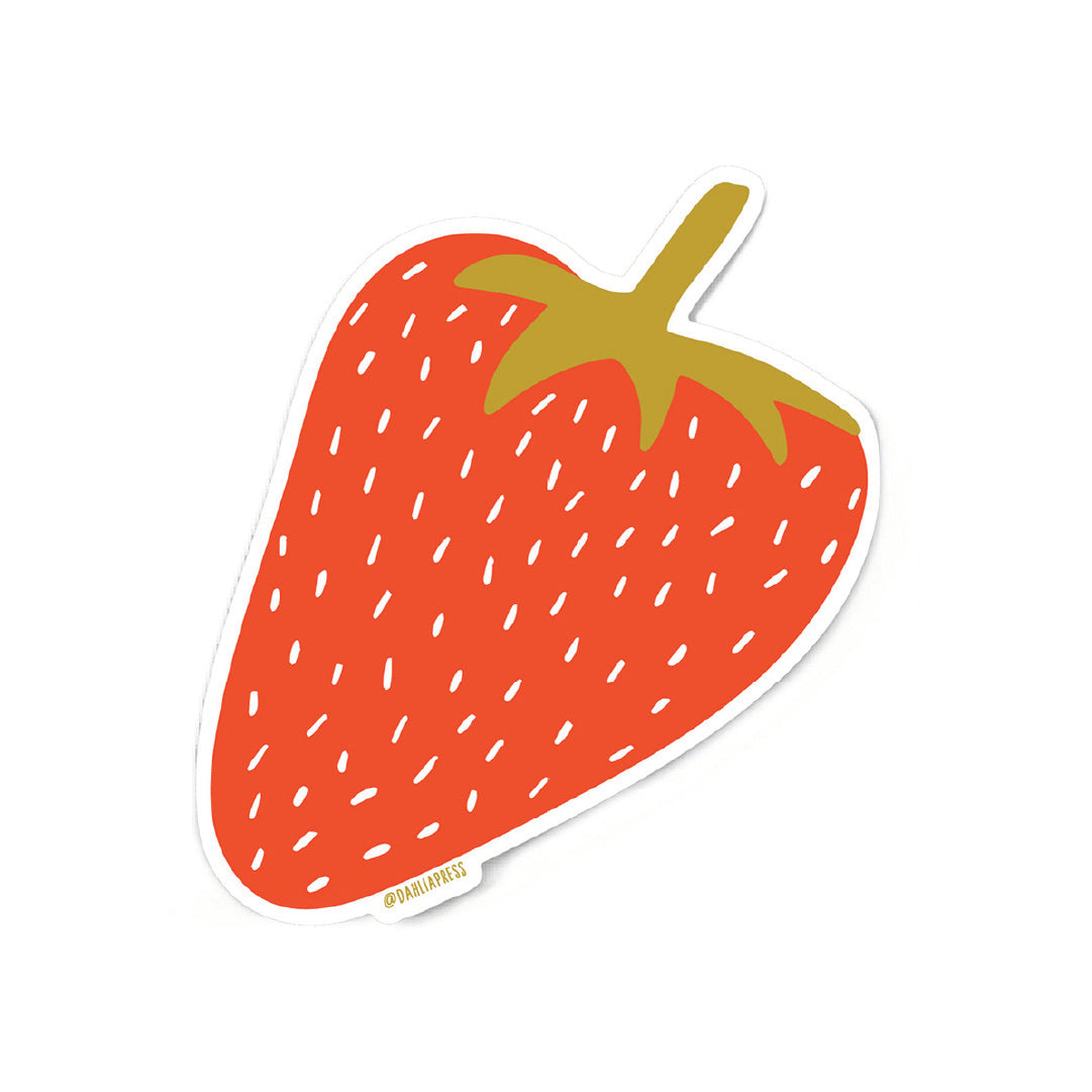 Die cut sticker of a red strawberry with small white seeds and a green and tan leafy top, with a white border.