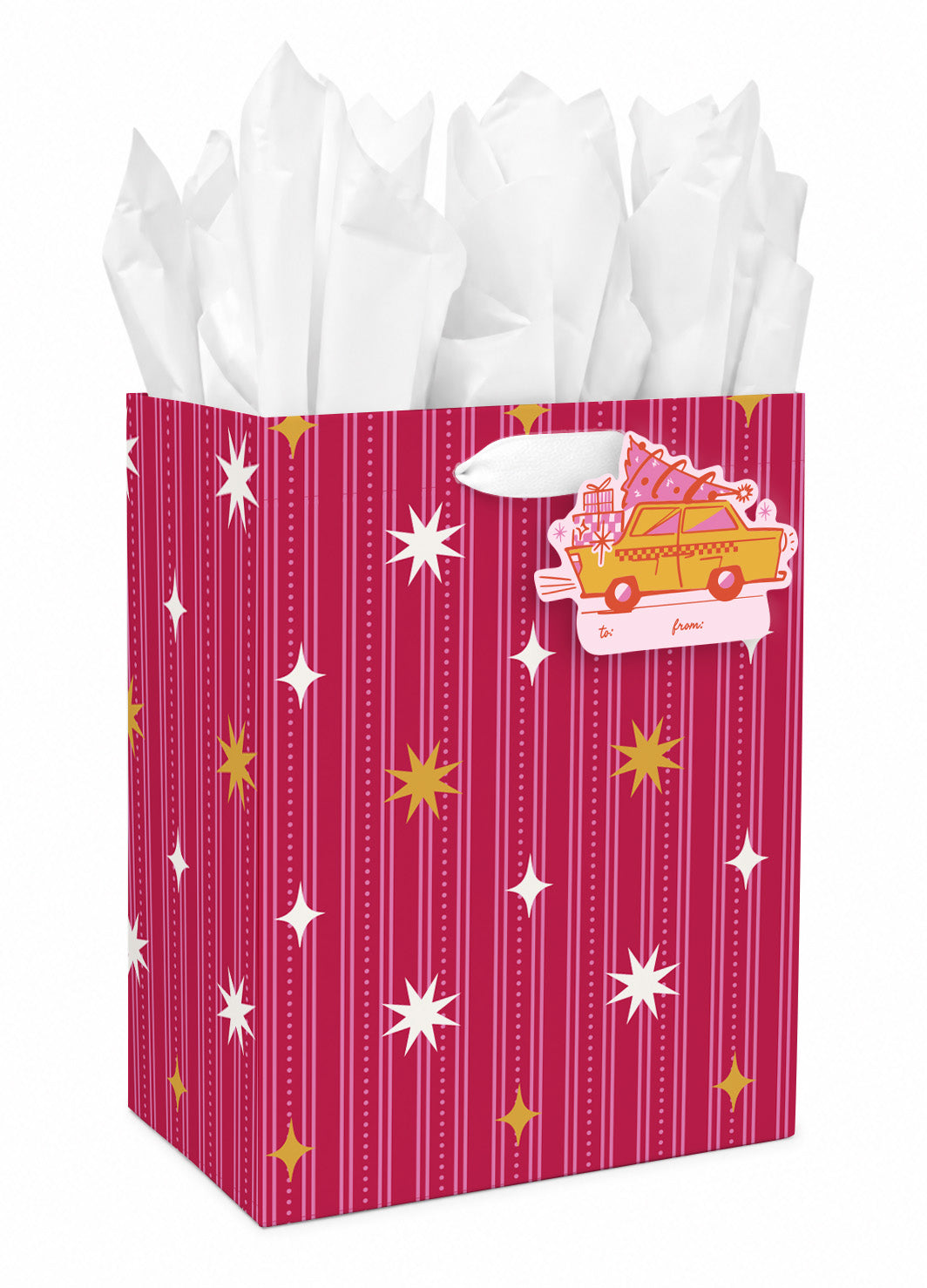 Small gift bag in a magenta and red striped pattern with stars, shown with white tissue paper and a taxi gift tag.