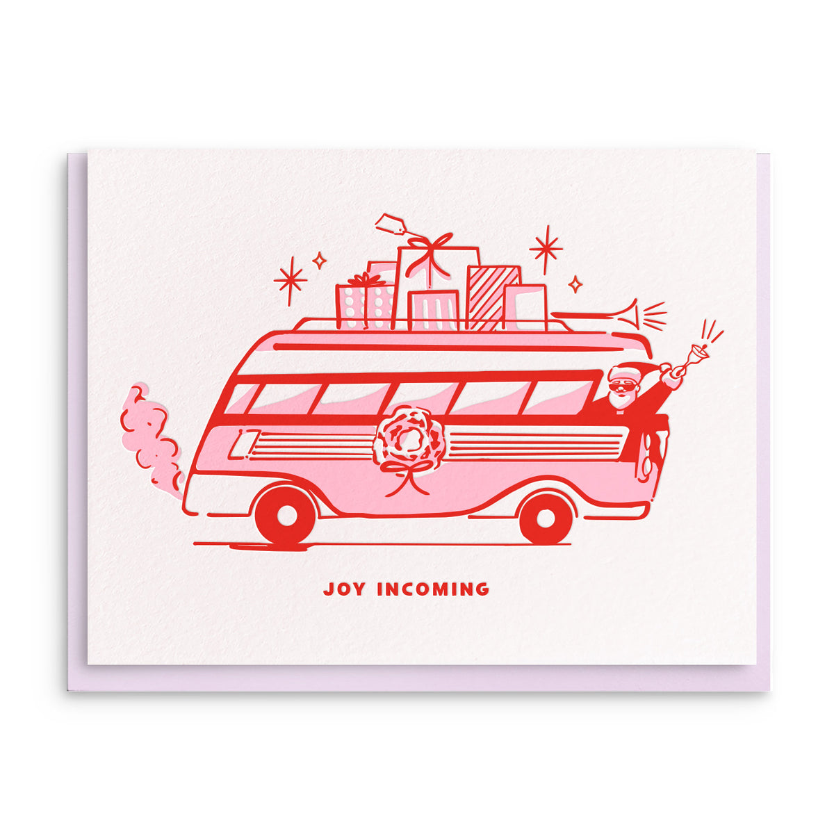 Illustration of a pink and red city bus with wrapped gifts stacked on its roof and the words joy incoming below, on a white card with a pink envelope.