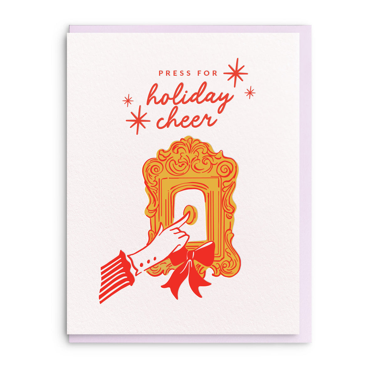 Illustration of an ornate gold frame with a red bow and a hand reaching toward it, with the words Press for Holiday Cheer above, on a white card.