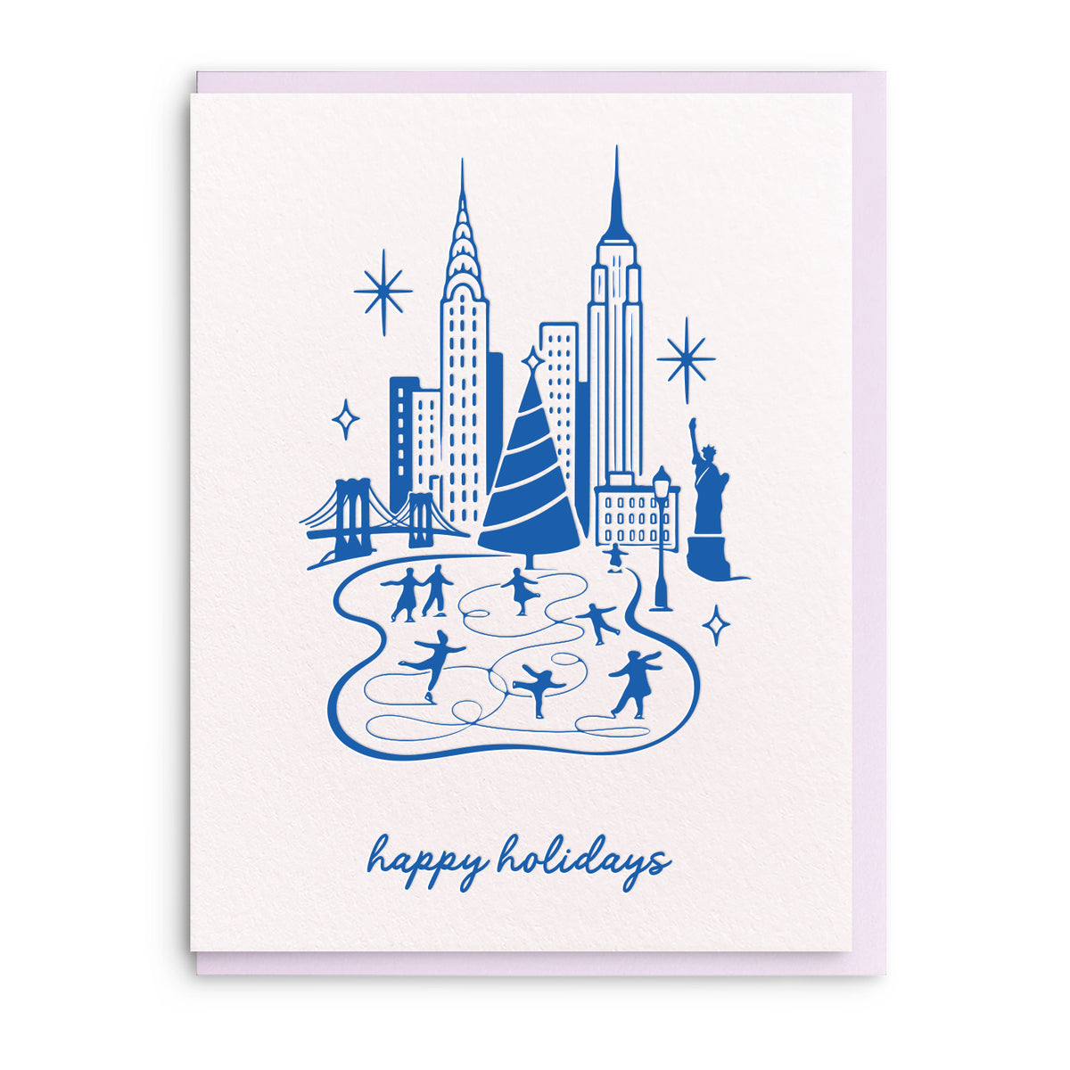 Blue illustration of a city skyline with ice skaters on a rink and the words happy holidays in script below, on a white card with a lavender envelope.
