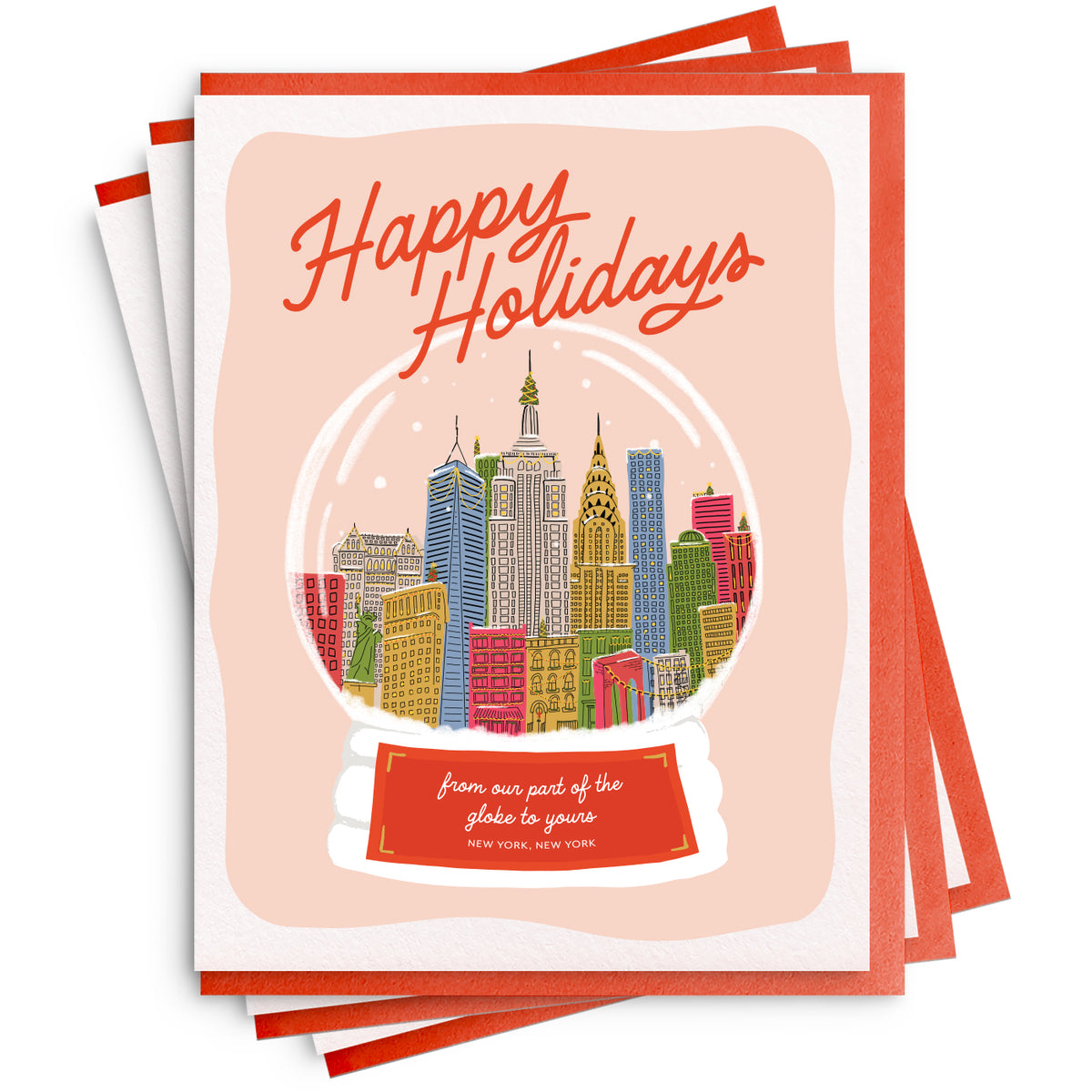 Illustration of a snow globe holding a colorful New York City skyline, with the words Happy Holidays in gold above, on a blush background.
