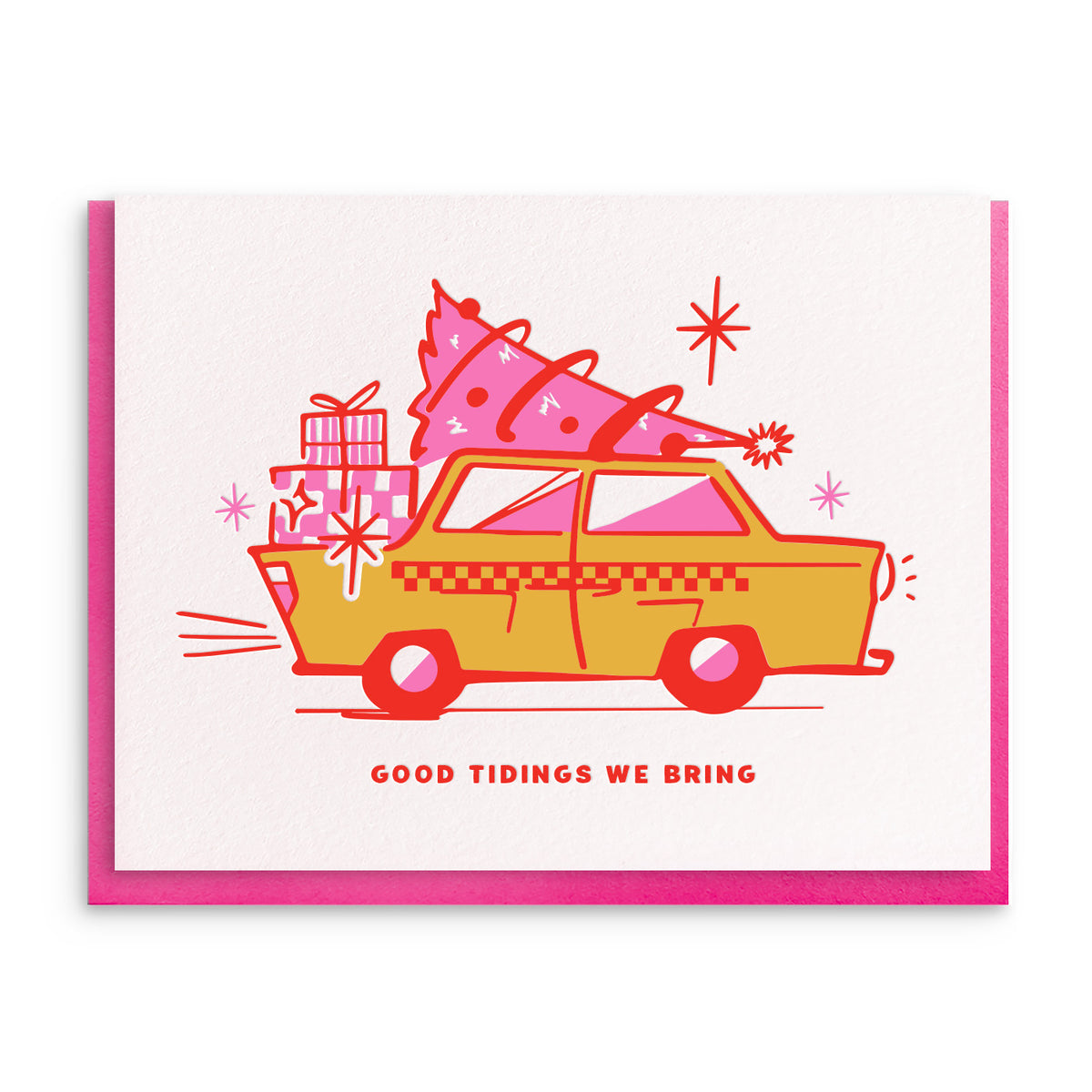 Illustration of a yellow taxi carrying a Christmas tree and wrapped presents on its roof, with pink text below, on a white card with a hot pink envelope.